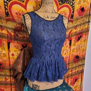 Size XS Navy Blue Lace Peplum Sleeveless Top; Petticoat Alley; Semi-formal